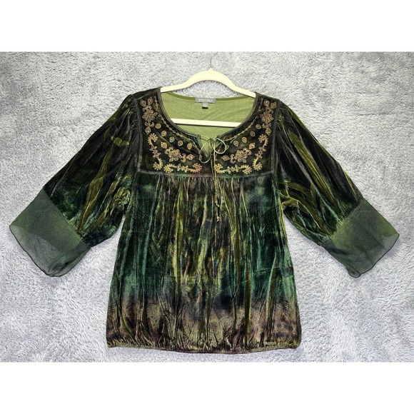 Roz & Ali Green Velvet Embroiderd Mixed Media Whimsigoth Top Medium Lace Boho - Picture 6 of 10